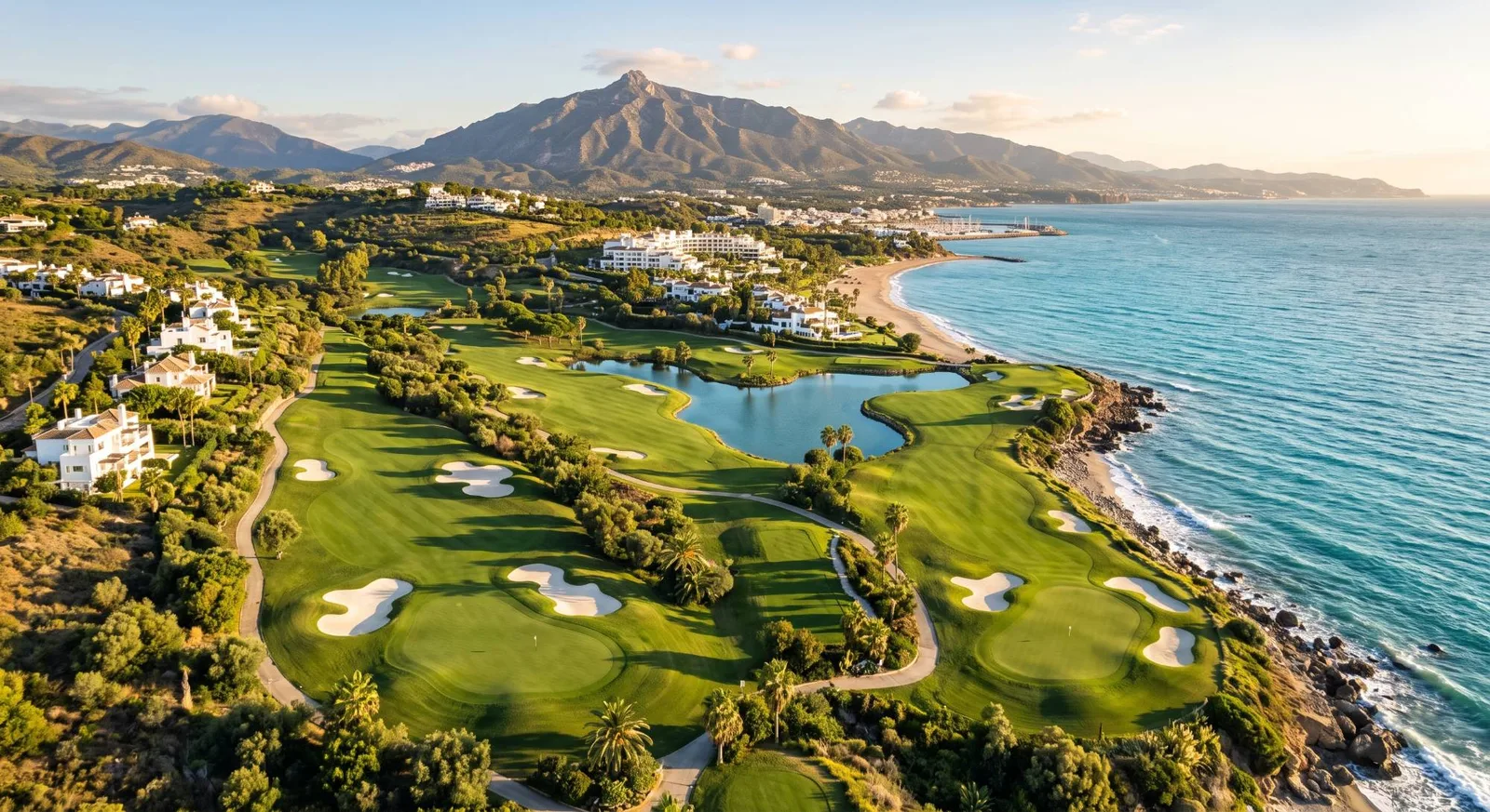 Golfbana med bunkrar och sjö längs Medelhavskusten i södra Spanien, berg och hav i bakgrunden - golfresor till Spanien